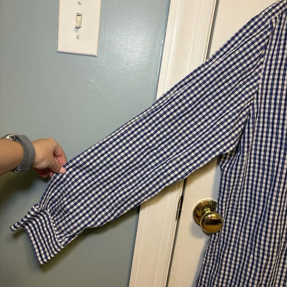 Banana Republic Button Up Men's Large 16-16.5 Fitted Blue Plaid Tailored Italy